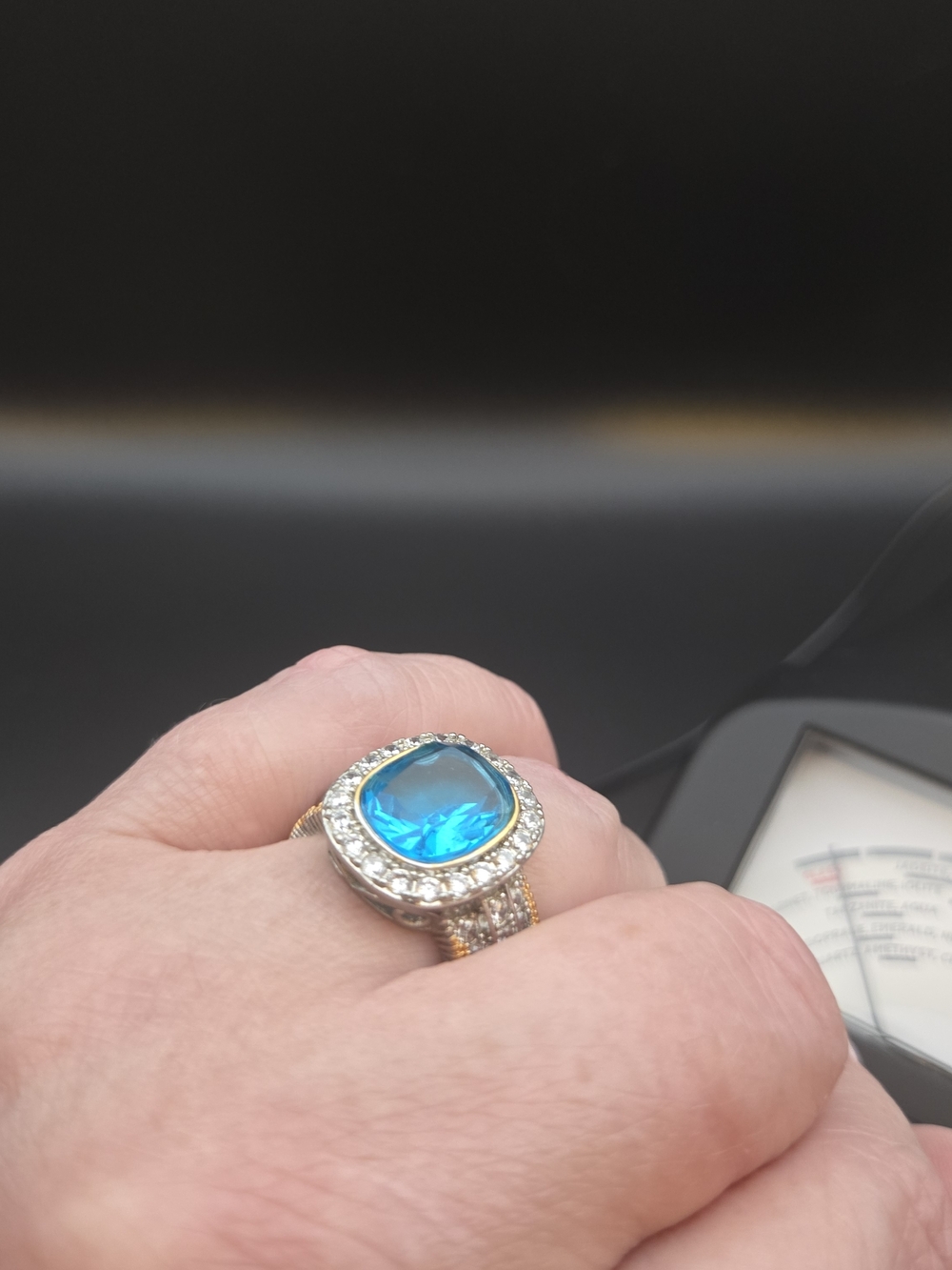 Blue Cushion Halo Cocktail Ring with Pavé Band Size 8.5